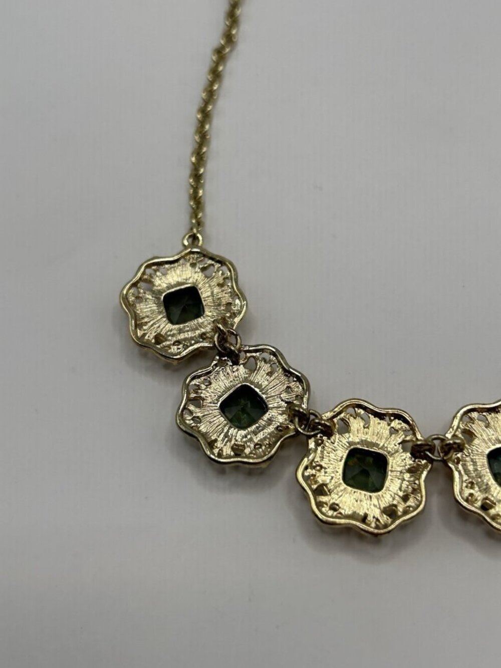 Marlyn Schiff Gold Tone Necklace Green Charcoal Rhinestones Statement Jewelry - Picture 11 of 16